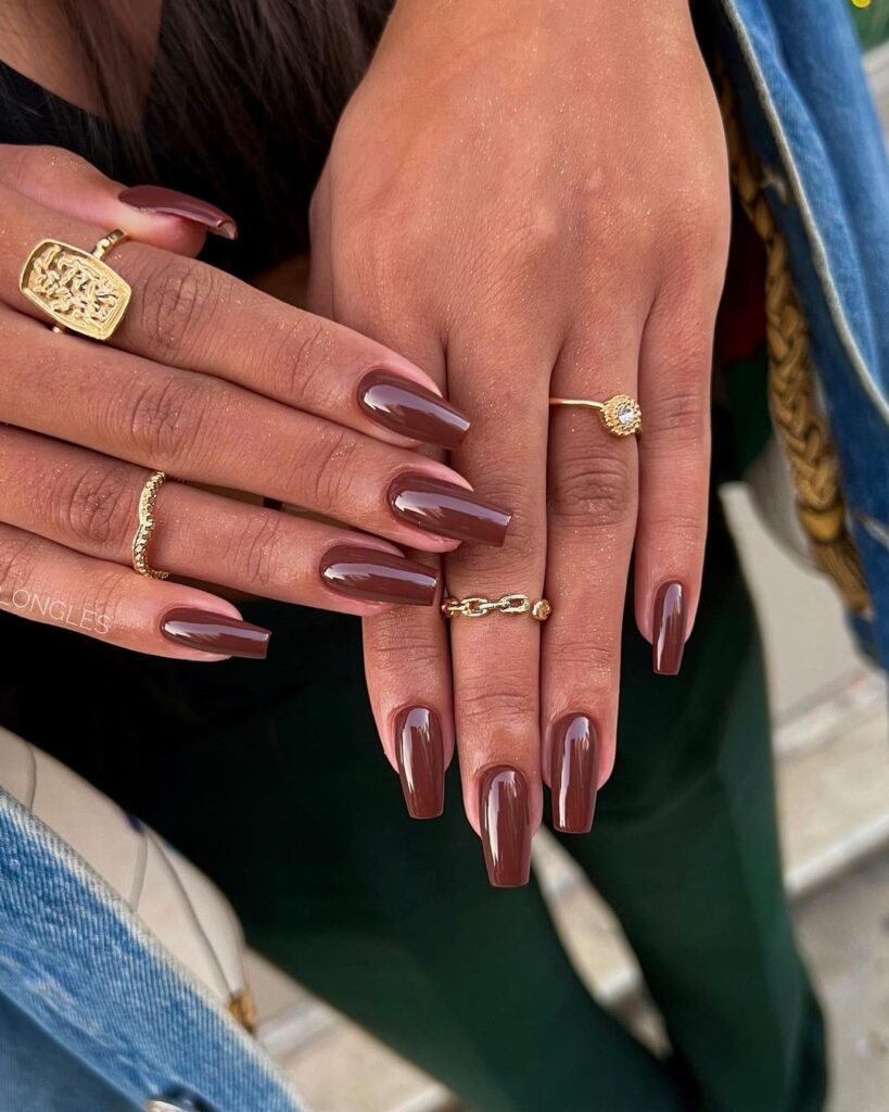 Bold fall nail design featuring a rich chocolate brown gloss, enhancing the deep, luxurious hue for a polished and impactful statement.